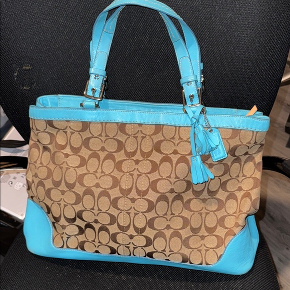 Y2K Vintage Teal Coach Brown and Blue Signature Tote - Picture 1 of 6